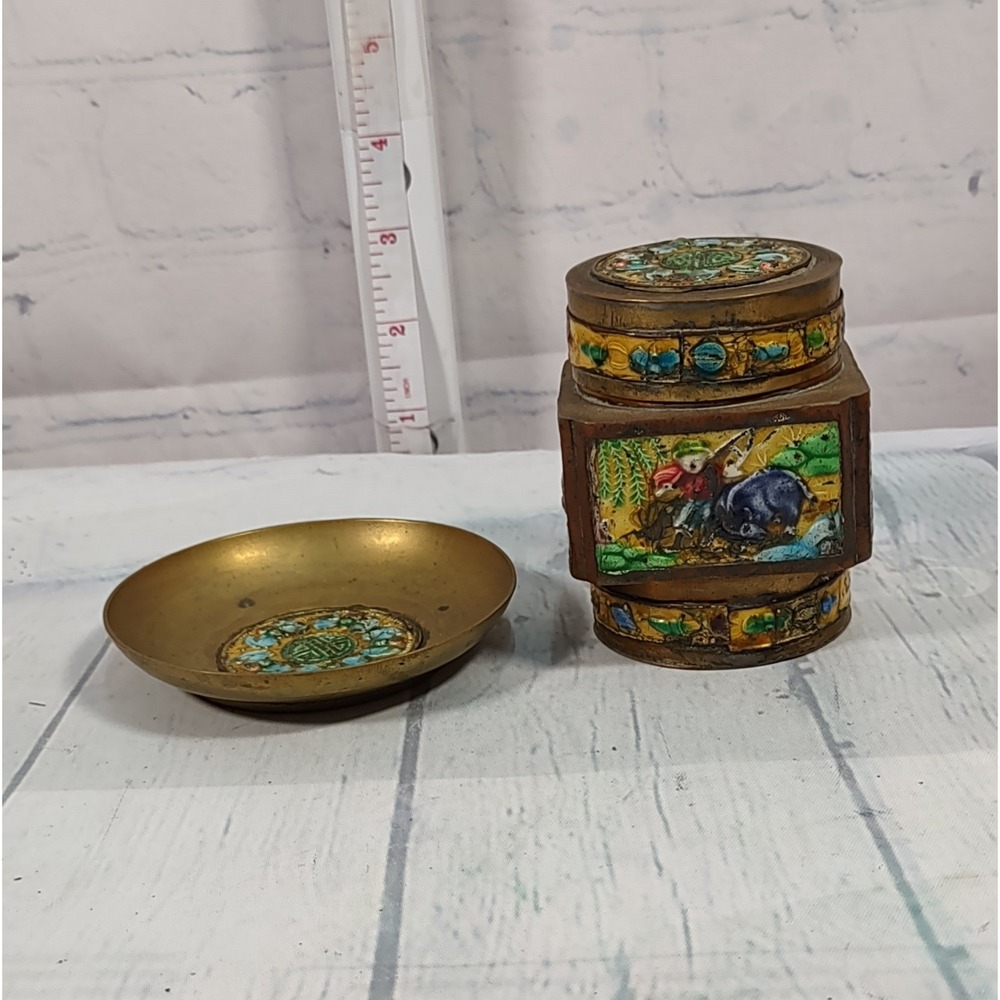 Vintage Chinese Brass Enamel Tea Caddy Jar with Matching Dish Shou Symbol Ox